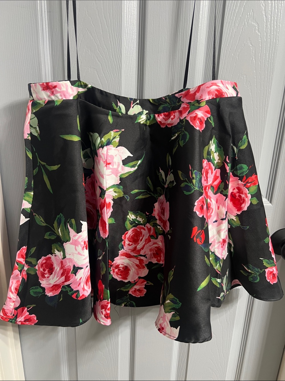 Black Floral A-Line Skater Skirt with Pink Rose Print